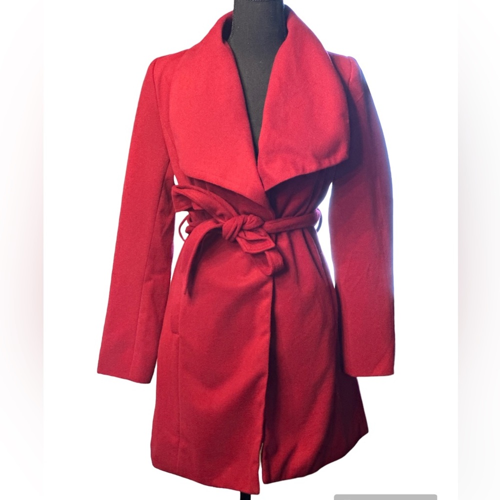 Deep red adjustable waist tie coat size small